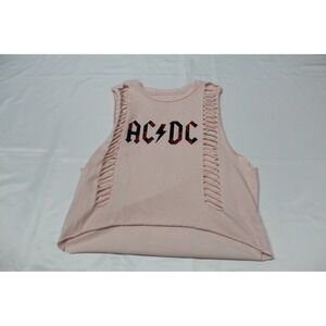 AC/DC Graphic Muscle Tank Top Pink Shredded Ladder Cut High Low Womens Small‎